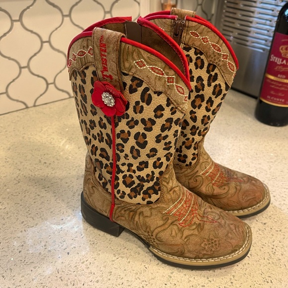 Twister Leopard Print Kids Boots - Brown and Red - Picture 1 of 5